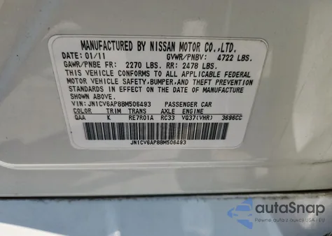 2011 Infiniti G37 Base z USA, uszkodzony, nr VIN JN1CV6AP8BM506493